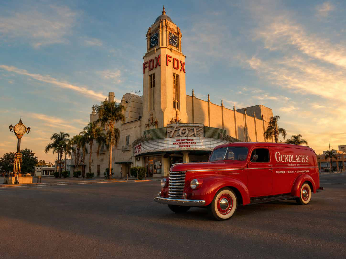 A vintage Gundlach's service truck outside the Bakersfield Fox Theater