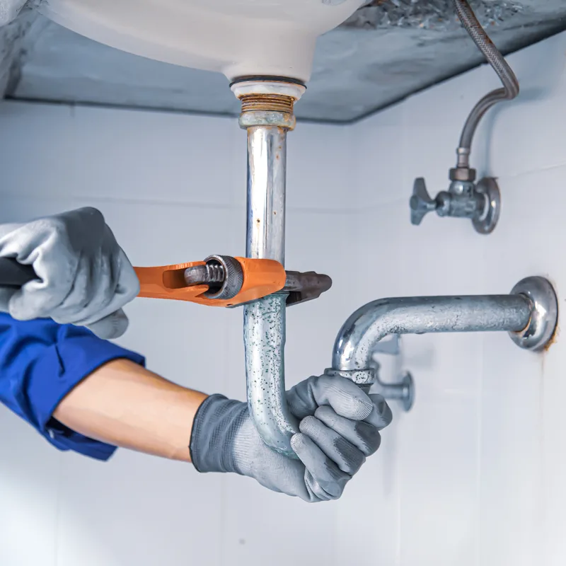 A plumber working a wrench on the supply line under a kitchen sink