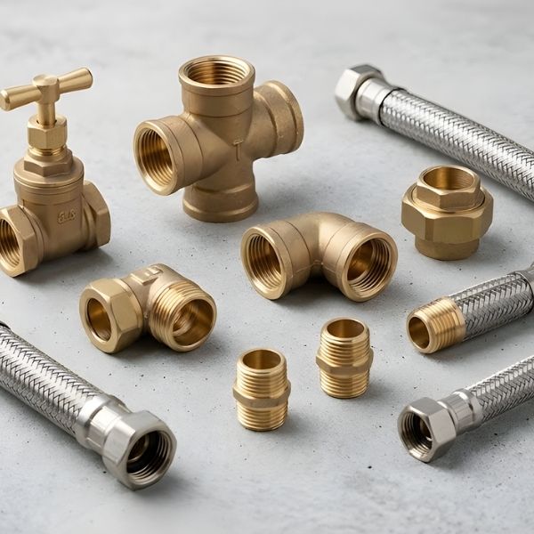 Various brass and metallic plumbing parts