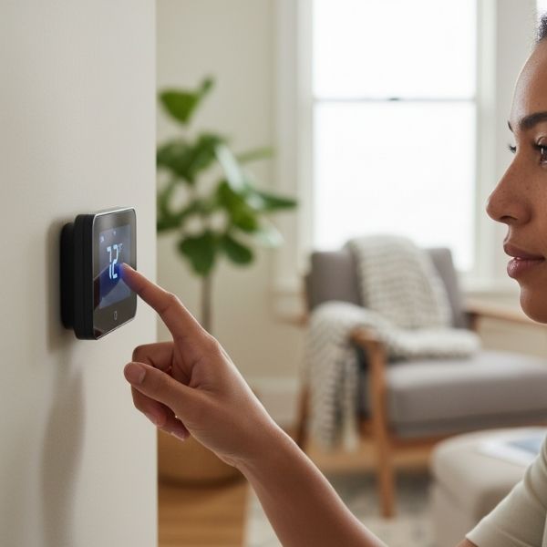 An individual adjusts a smart home thermostat for optimal energy efficiency.
