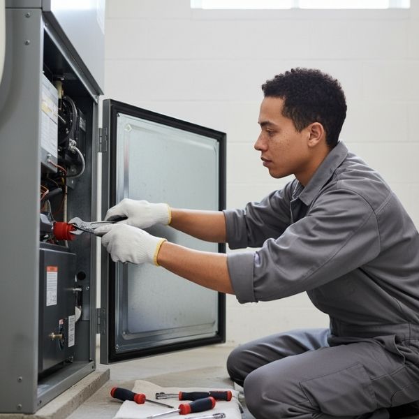 A technician performs hands-on maintenance to ensure the longevity of a furnace system.