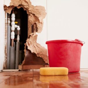 sponge and bucket next to corroded wall and pipes